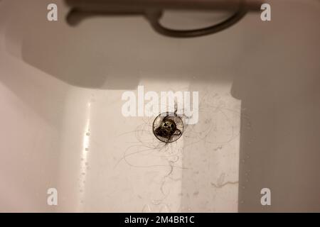 The white bathtub sink with lots of dirty hair and dust, the drain is clogged with hair Stock Photo