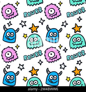 Funny colorful monster doodle illustration seamless pattern. Can be used for kids apparel, fabric, wrapping, textile, wallpaper Stock Vector