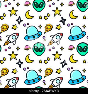 Doodle alien, rocket, and space objects illustration seamless pattern. Can be used for kids apparel, fabric, wrapping, textile, wallpaper Stock Vector