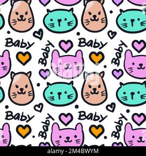 Cute cats doodle illustration childish seamless pattern. Can be used for kids apparel, fabric, wrapping, textile, wallpaper Stock Vector