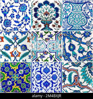 Set of antique Ottoman Iznik wall panel tiles with flowers pattern. Stock Photo
