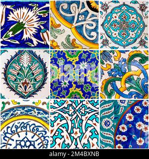Set of ancient Iznik Turkish wall tiles with flowers pattern. Stock Photo