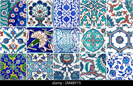 Set of hand-painted Turkish tiles with flowers pattern. Traditional Islamic tilework. Stock Photo