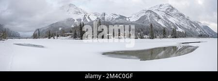 Distant panorama of the village of Field, British Columbia in Yoho National Park, British Columbia, Canada Stock Photo