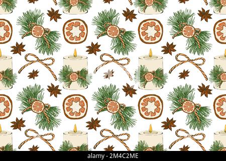 Seamless Christmas pattern. Design with Christmas elements on white background. Design for packaging, textile and web. Stock Photo