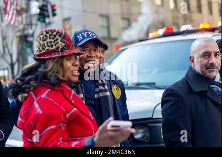 New York City Mayor Eric Adams greets visitors at the car-free Fifth Avenue in Midtown Manhattan during the last Holiday Open Streets of the season on Sunday, December 18, 2022. New York City closed a nine-block stretch of Fifth Avenue in Midtown to vehicles for four Sundays in December creating a holiday block party for visitors. (© Richard B. Levine) Stock Photo