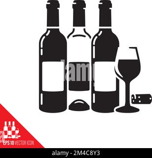 Wine bottles, wine glass and cork vector glyph icon. Alcoholic beverage symbol. Stock Vector
