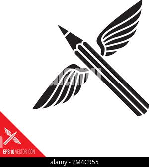 Pencil with wings vector icon. Poetry, imagination and creativity conceptual glyph. symbol Stock Vector