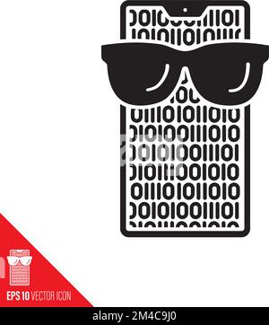 Smartphone with sunglasses vector glyph icon, digital code on screen. Encryption and security symbol. Stock Vector