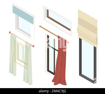 Windows with curtains - modern vector isometric colorful elements Stock Vector