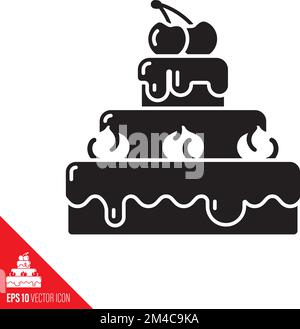 Chocolate cake with cream and cherries on top glyph icon. Sweet food vector symbol. Stock Vector