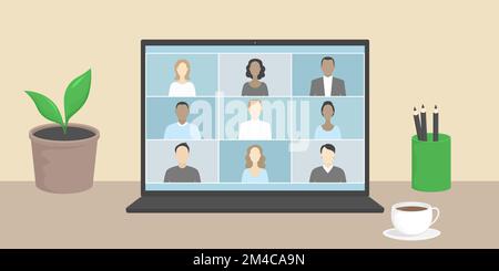 Group video call on laptop. Remote work. Vector illustration. Stock Vector