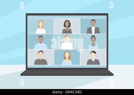 Group video chat on laptop. Vector illustration. Stock Vector