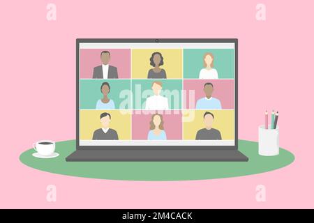 Group video chat app on laptop. Teleworking. Vector illustration. Stock Vector