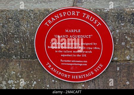 Transport Trust, red plaque, Marple grand canal aquaduct (Goyt Aquaduct), Marple, Stockport, Cheshire, England, UK, SK6 5LD Stock Photo