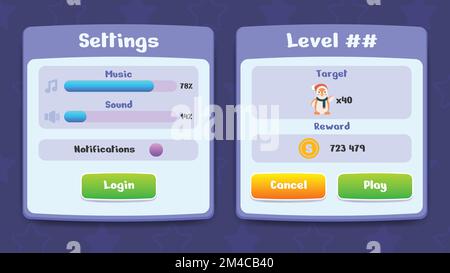 Settings and Level menu pop up with buttons and icons. Set of user interface GUI to build 2D games. Can be used in mobile or web or video games Stock Vector