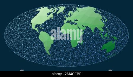 Network map of the world. Aitoff projection. Green low poly world map with network background. Stock Vector