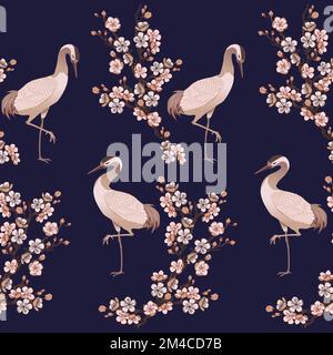 heron bird and japanese cherry vector illustration, blue background pattern seamless Stock Vector