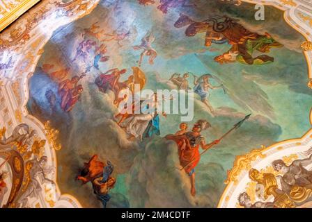 Part of a painted ceiling in the Catherine Palace - summer residence of the Russian tsars - Tsarskoye Selo (Pushkin), St. Petersburg, Russia. 24th of Stock Photo