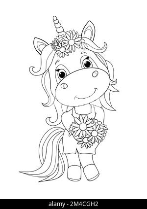 A small unicorn with a bouquet of flowers in black lines on a white background. Coloring little baby unicorn. Stock Vector