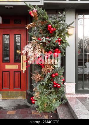 Christmas fir tree decoration along city street in Almaty, Kazakhstan Stock Photo