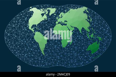 Communications map of the world. Ginzburg 4 projection. Green low poly world map with network background. Classy connected globe for infographics or p Stock Vector