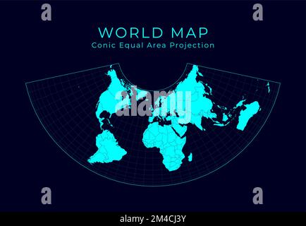 World network map. Albers equal-area conic projection. Wired globe in ...