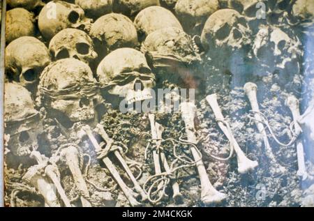 Photographies of victims skulls exhibited in the Tuol Sleng Genocide Museum, former Tuol Svay Prey High School used as Security Prison 21, S-21, by th Stock Photo