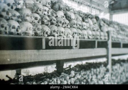 Photographies of victims skulls exhibited in the Tuol Sleng Genocide Museum, former Tuol Svay Prey High School used as Security Prison 21, S-21, by th Stock Photo