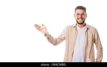 Happy caucasian young man using in casual clothing and eyeglasses isolated in white background Stock Photo