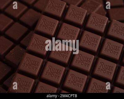 Tambov, Russian Federation - December 20, 2022 Ritter Sport chocolate bars. Close up. Stock Photo