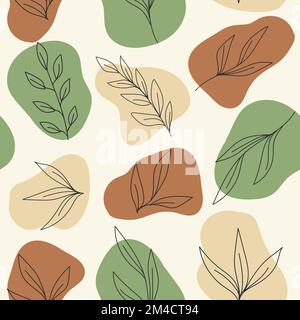 Boho style seamless pattern with botanical elements in abstract beige brown and green shapes. Simple and elegant design Stock Vector