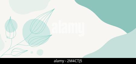 Pale blue minimalistic wallpaper with outline botanical element. Elegant and simple wallpaper with abstract shapes. Pale turquoise color. Vector art Stock Vector