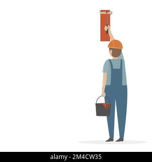Worker painting white wall with roller. Copy space. Vector. Stock Vector