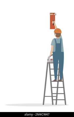 Worker standing on stepladder and painting wall. Vector. Stock Vector