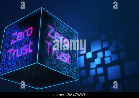 The inscription zero trust on a technology cube. Network connection concept on a cubic background. Zero trust security model. Secure network. 3d rende Stock Photo