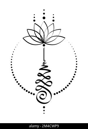 Unalome lotus flower symbol, Hindu or Buddhist sign representing path to enlightenment. Hand drawn Yantras Tattoo icon. Simple black and white ink Stock Vector