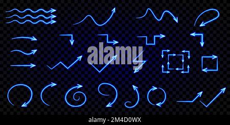 Set of vector blue glowing neon arrows. Luminous direction indicators. Light effect. Infographic design elements. Isolated on transparent background. Stock Vector