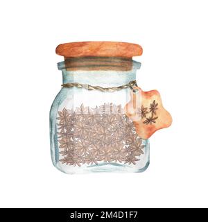 Hand-drawn watercolor glass jar with anise spice. This is a part of the big collection of indian spices Stock Photo