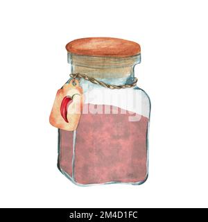 Hand-drawn watercolor glass jar with paprika powder. This is a part of the big set of Indian spices Stock Photo
