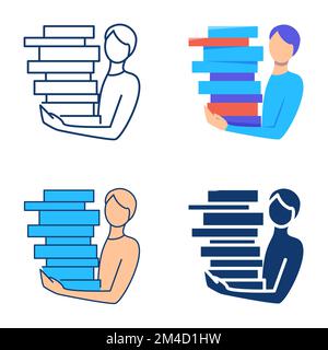 Overloaded and busy employee icon set in flat and line style. Man holding a pile of books, manager carrying a stack of documents. Vector illustration Stock Vector