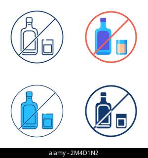 No alcohol icon set in flat and line style. Stop bad habits. Bottle and glass in prohibitory sign. Vector illustration Stock Vector