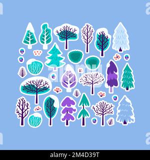 Winter Christmas Tree Sticker Set Stock Vector