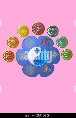 Chakra symbols and sacred geometry symbols isolated on color background with copy space for design Stock Photo