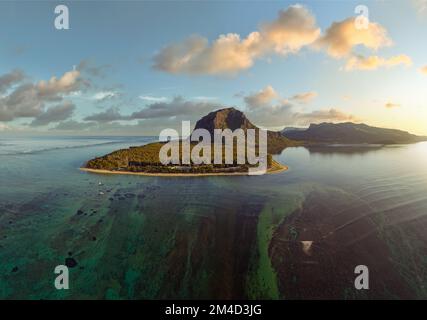 South coast of Mauritius island. Le morne mountain and the famous Underwater waterfall in sunset time. Stock Photo