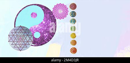 Chakra symbols and sacred geometry symbols isolated on color background with copy space for design Stock Photo