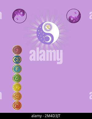 Chakra symbols and sacred geometry symbols isolated on color background with copy space for design Stock Photo