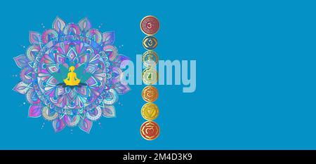 Chakra symbols and sacred geometry symbols isolated on color background with copy space for design Stock Photo