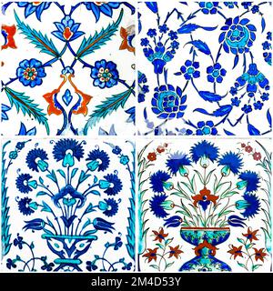 Set of ancient handmade ceramic tiles with floral patterns. Stock Photo