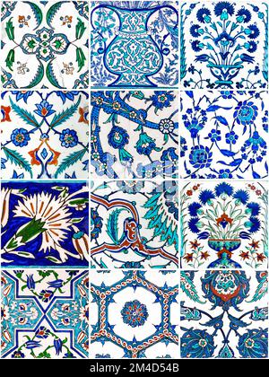 Set of handmade ceramic tiles from the 16th century in Topkapi Palace, Istanbul, Turkey. Stock Photo